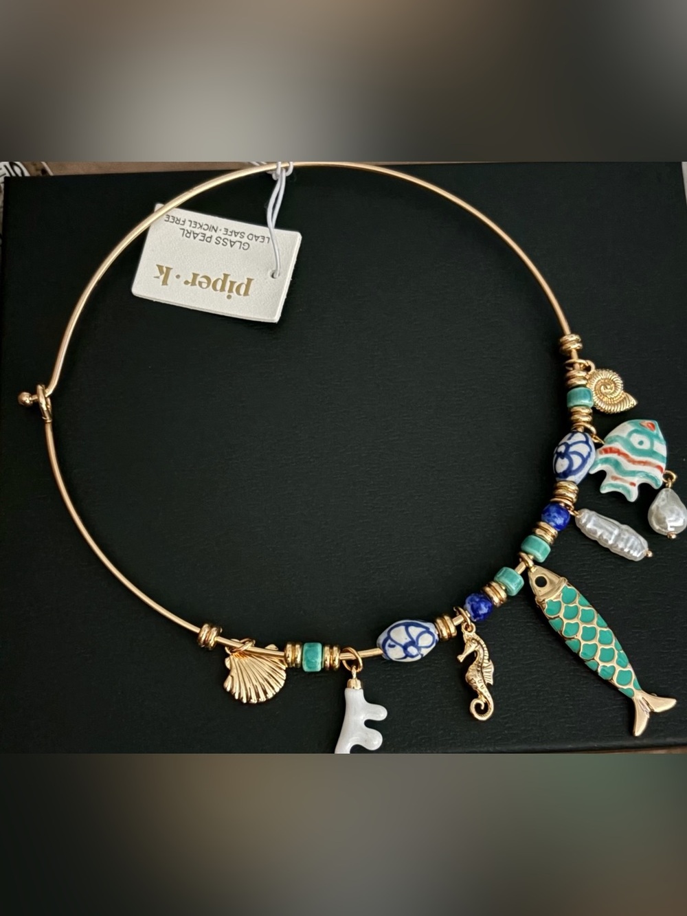 Piper K Gold Charm Bangle Necklace with Turquoise & Blue Fish Charms